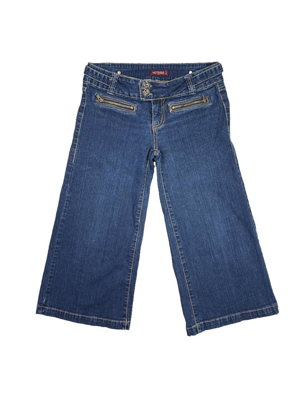 Hot Kiss Capris Flare Jeans Womens Juniors 9 Low Rise Blue Denim Hip Hugger Y2K